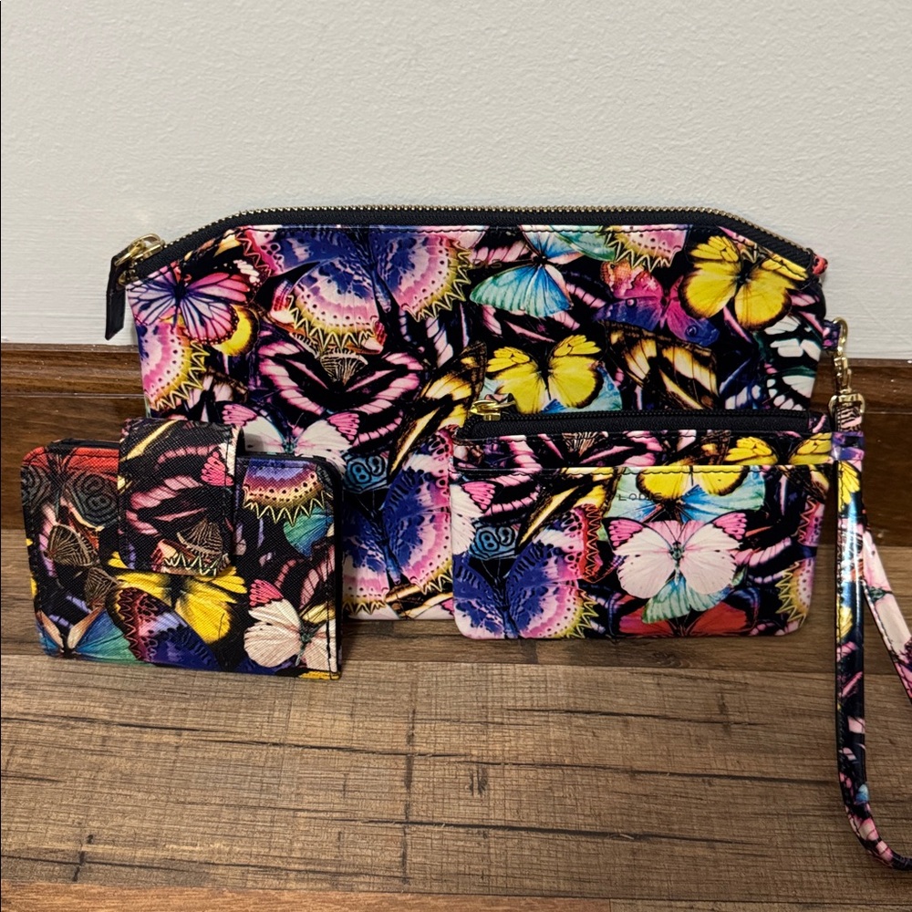 LODIS Genuine Leather Butterfly Print 3-Piece Set: Clutch Wristlet Wallet Pouch